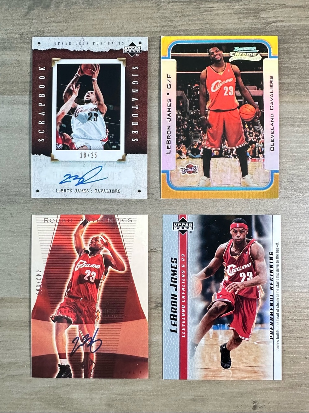LeBron James Signed Rookie Lot of (4) Topps Upper Deck Novelty Cards.